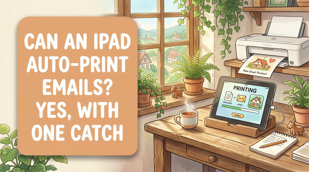 An iPad automatically printing emails with an AirPrint printer in a Studio Ghibli inspired cozy home office