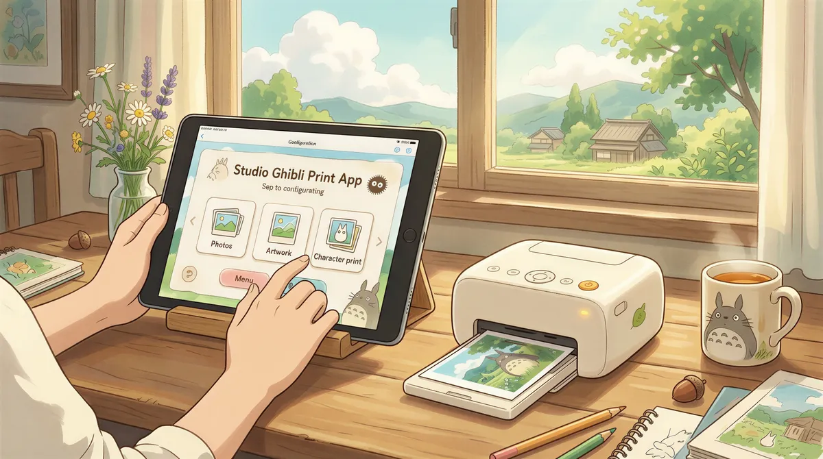 Configuring a print app on an iPad next to a wireless printer in a cozy room