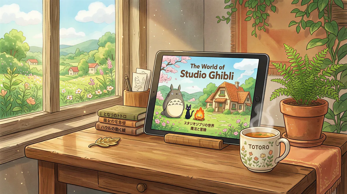 An iPad station plugged in and running on a desk with a warm Ghibli ambiance