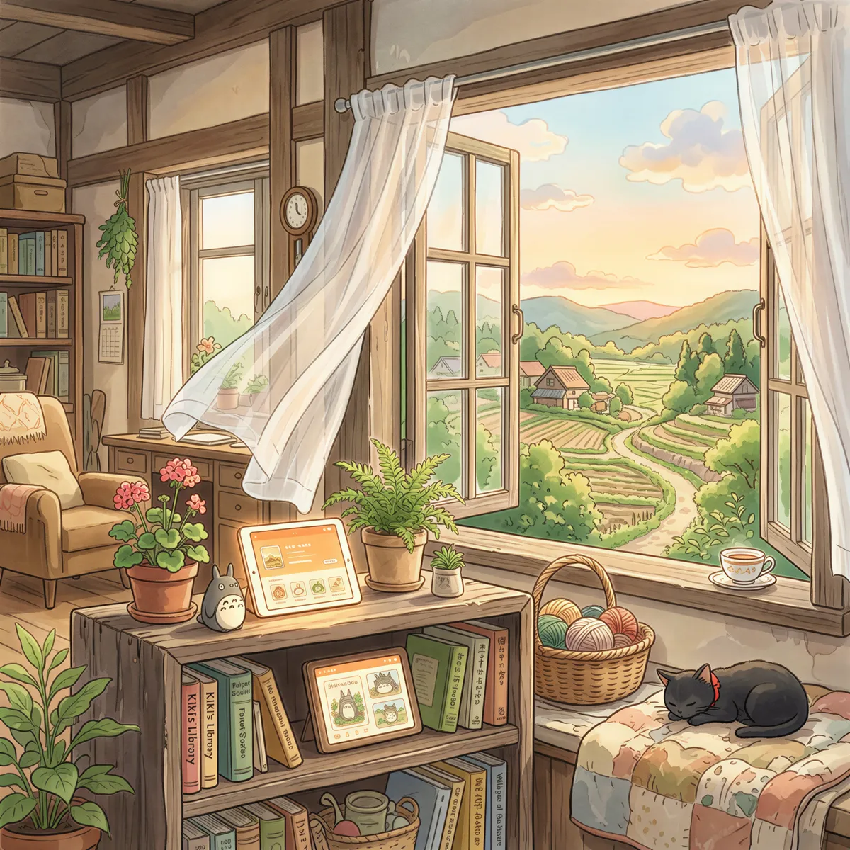 Illustration representing app suspension and screen lock limits on iPadOS in a Ghibli style
