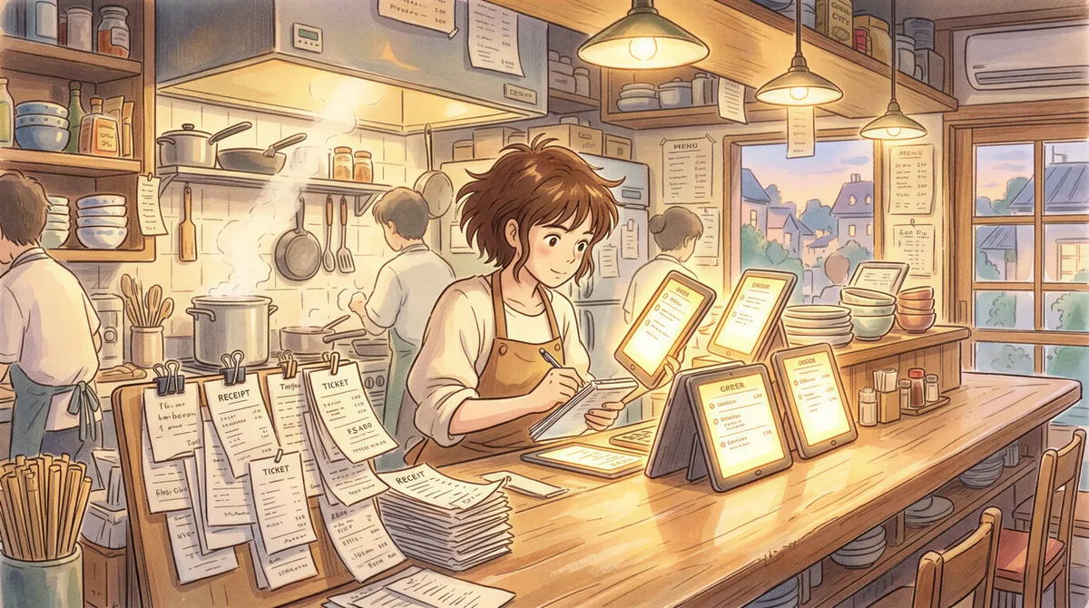 Stressed restaurant staff overwhelmed with multiple delivery tablets during a dinner rush