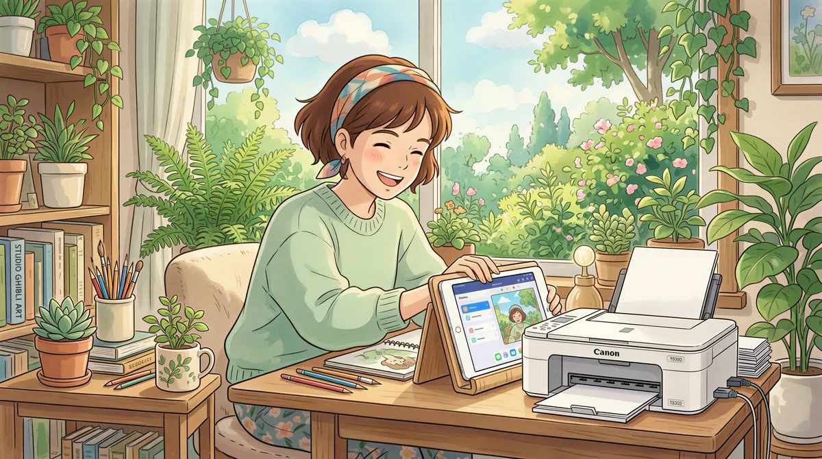 Happy user setting up a new print station with an app and tablet