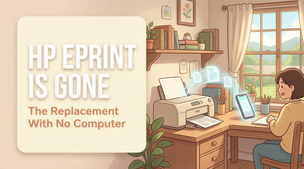 HP ePrint replacement: banner illustration showing a phone sending emails to a printer in a cozy Ghibli style room