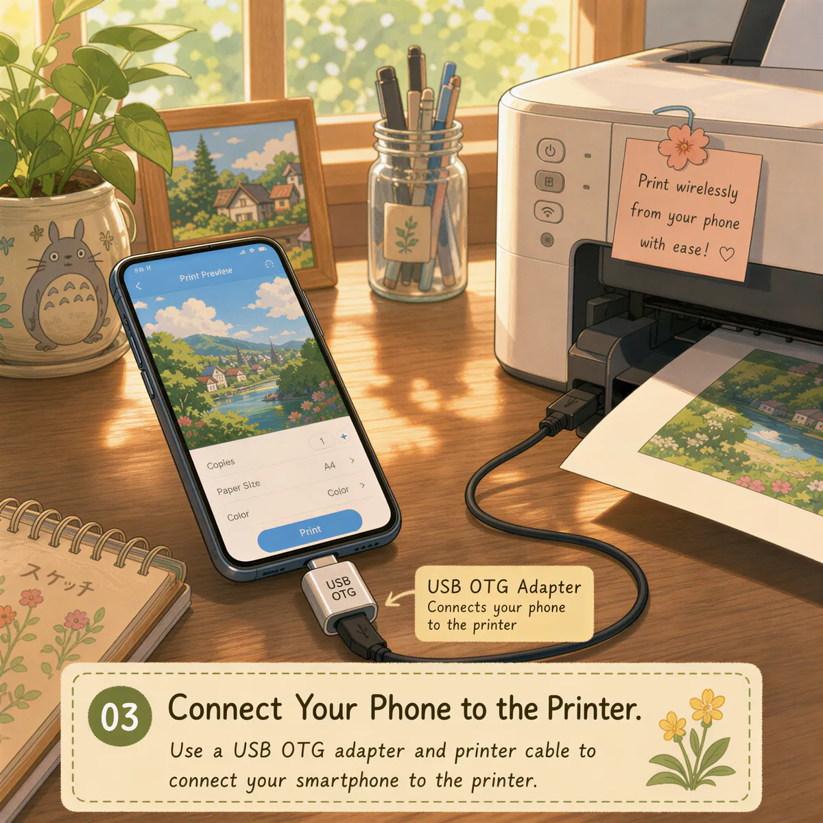 Connecting a USB printer to an Android phone using an OTG adapter