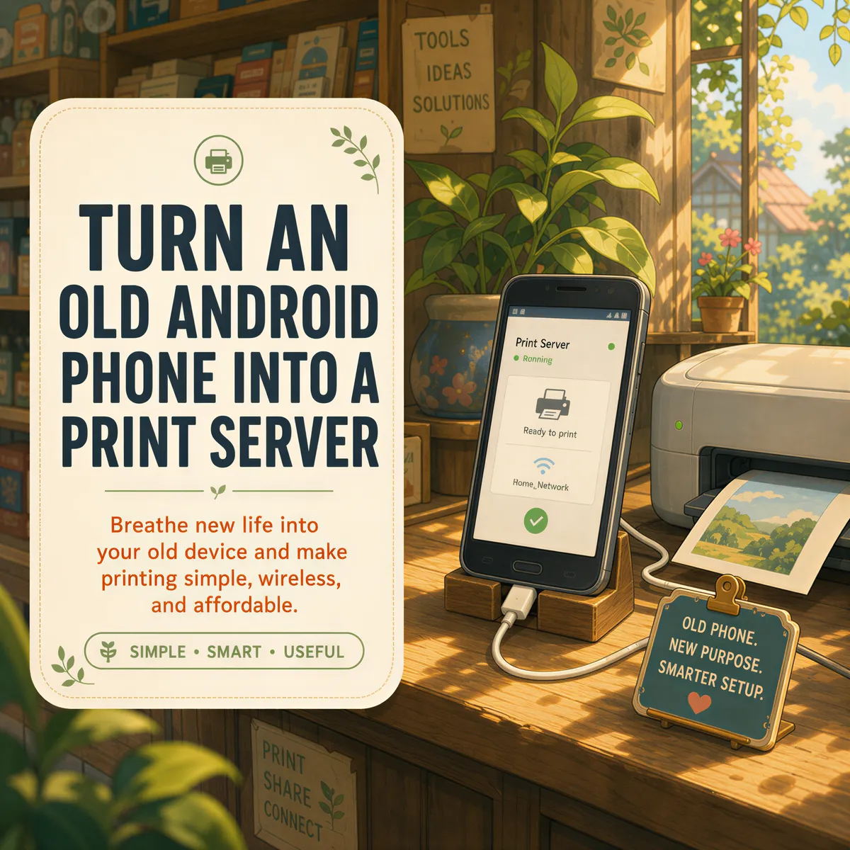 An old Android phone repurposed as a wireless print server in a cozy shop setting