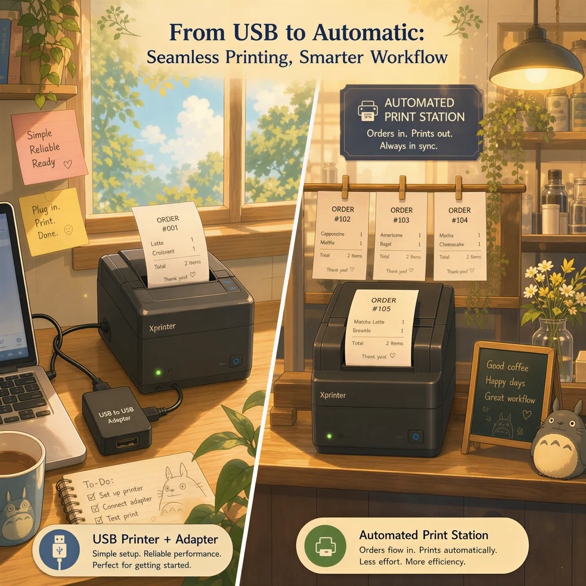 Illustration of sharing a USB printer versus automatically printing incoming emails on Android