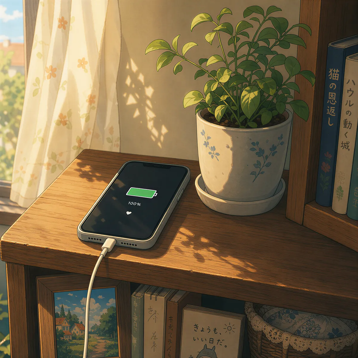 An older smartphone plugged into a charger resting peacefully on a shop shelf