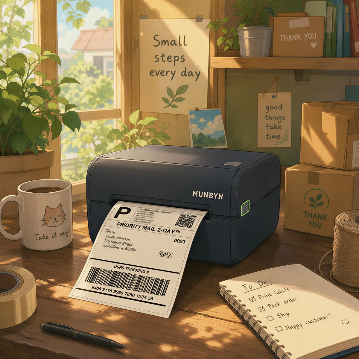 Wireless label printer connected via Wi-Fi printing a shipping label