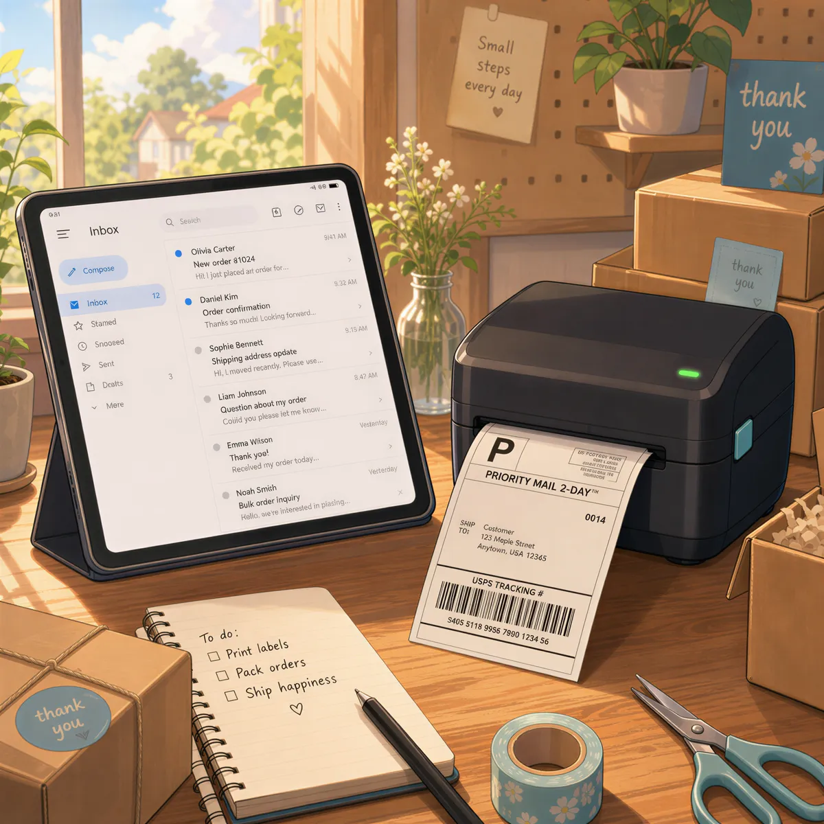 Tablet next to a label printer acting as a print station with email address