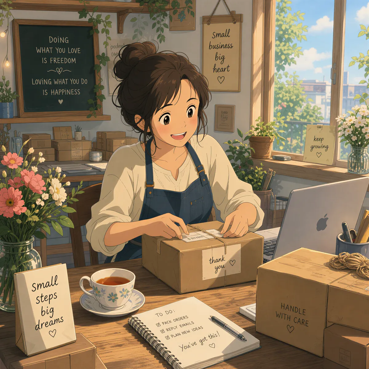 Small business owner calculating costs at a cozy packing desk