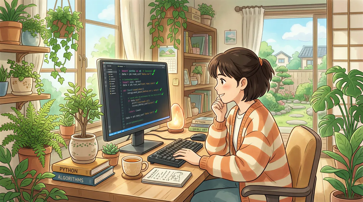 A developer inspecting webpage source code with a magnifying glass in a sunlit room