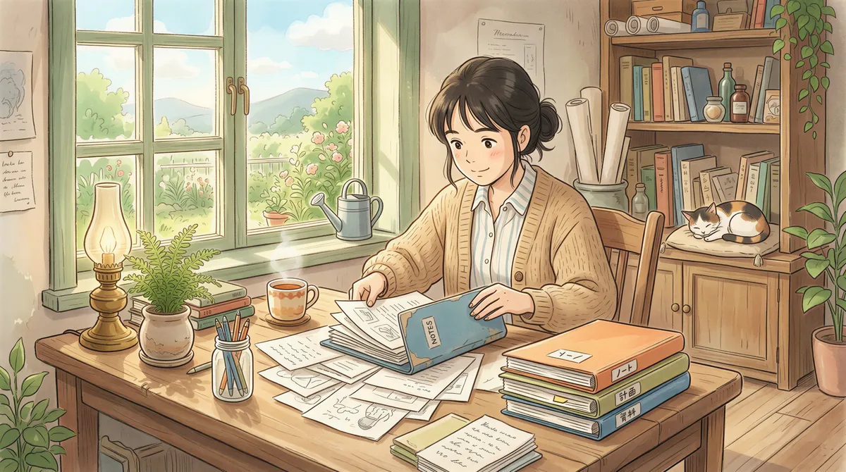 Organizing and cleaning up messy notes into neat piles on a sunlit wooden table