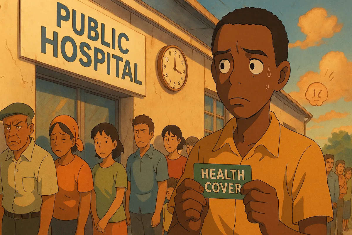 A worried young boy holding a "HEALTH COVER" card stands in line outside a public hospital, surrounded by anxious individuals, highlighting themes of healthcare accessibility and concern.