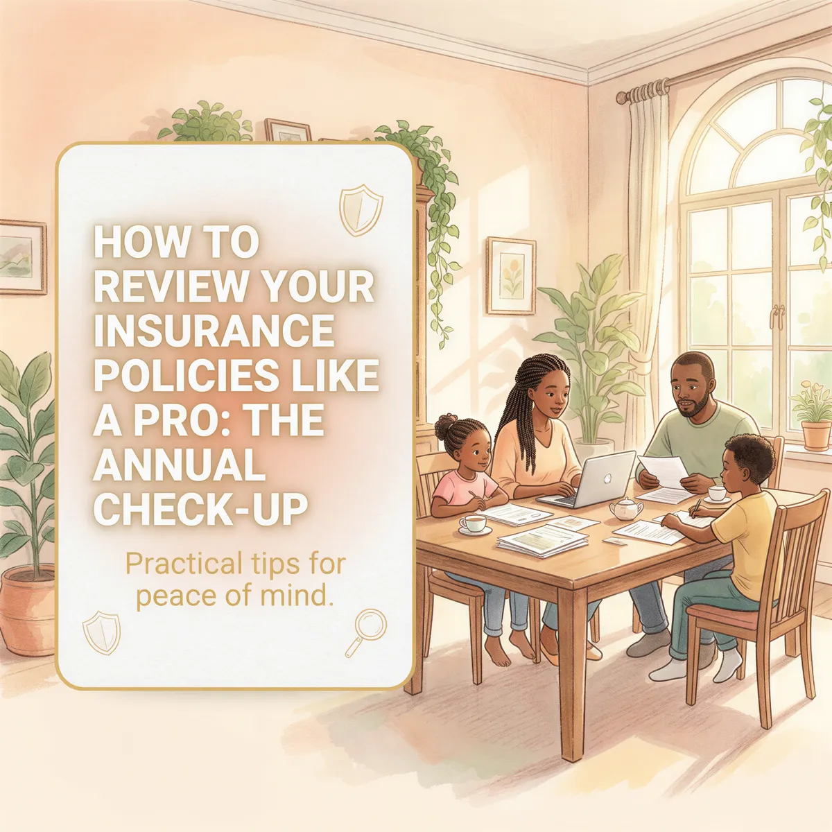 Studio Ghibli-inspired banner for annual insurance policy review with warm, inviting tones