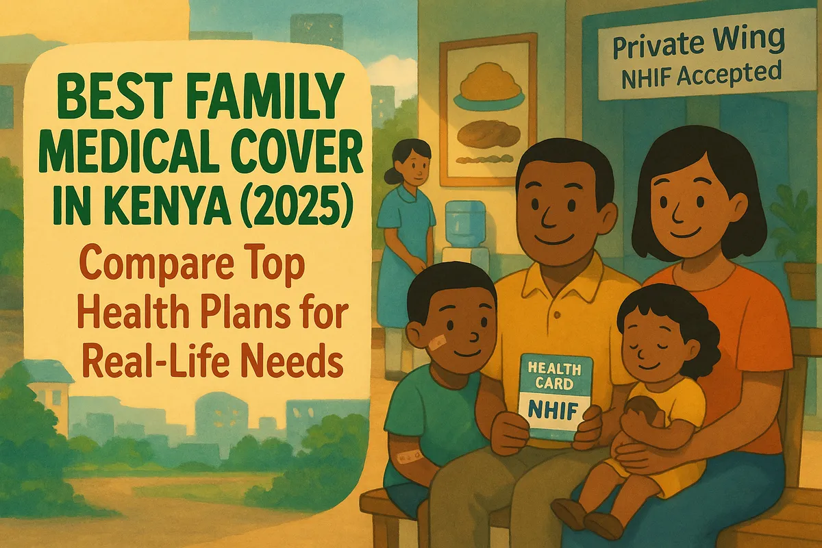 Best family medical cover in Kenya (2025) advertisement featuring a happy family comparing health plans, highlighting NHIF acceptance.