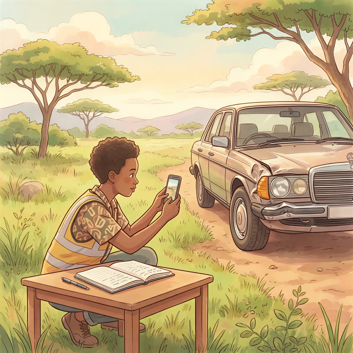 Driver at accident scene documenting details for insurance claim in Kenya