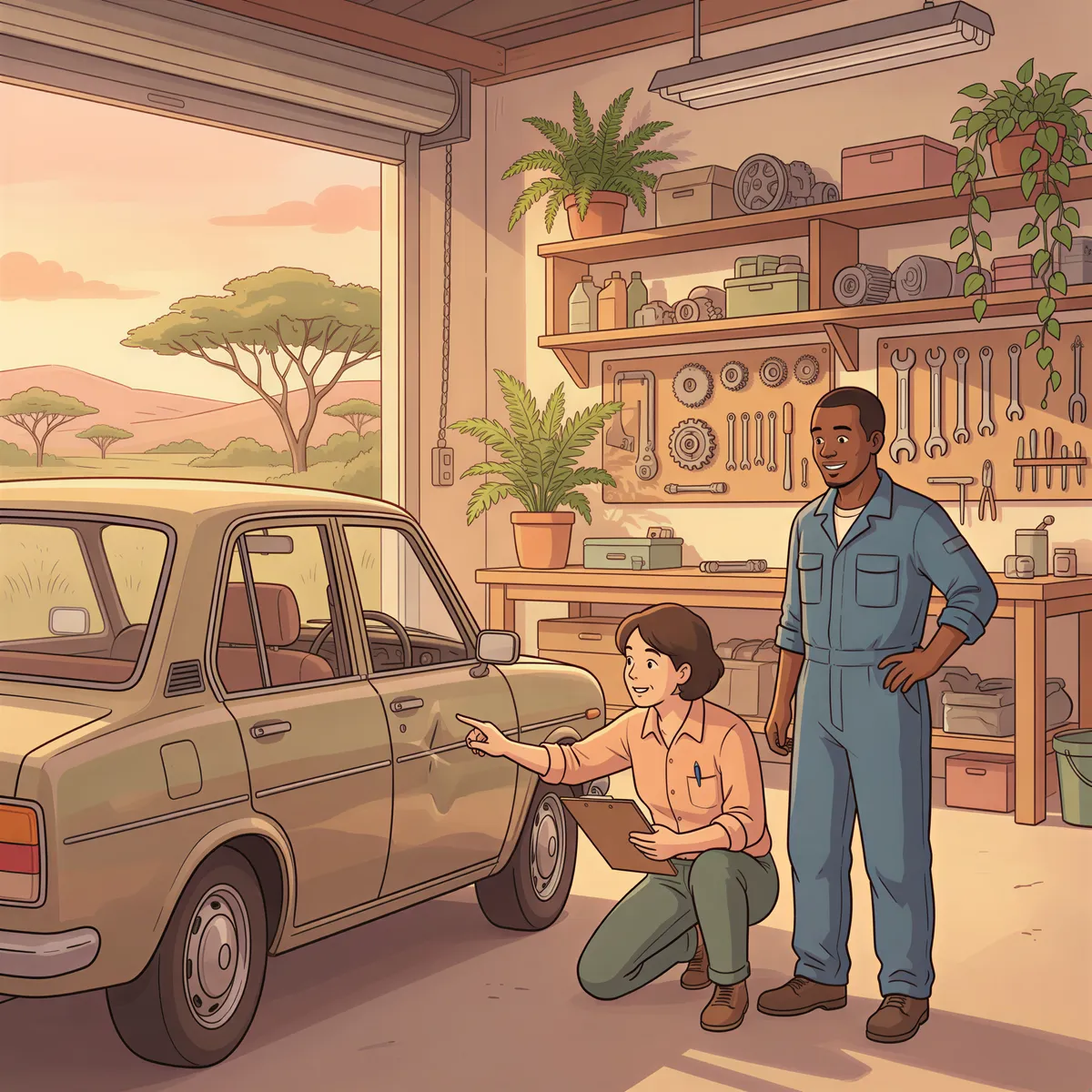 Insurance assessor inspecting a car at a garage in Kenya