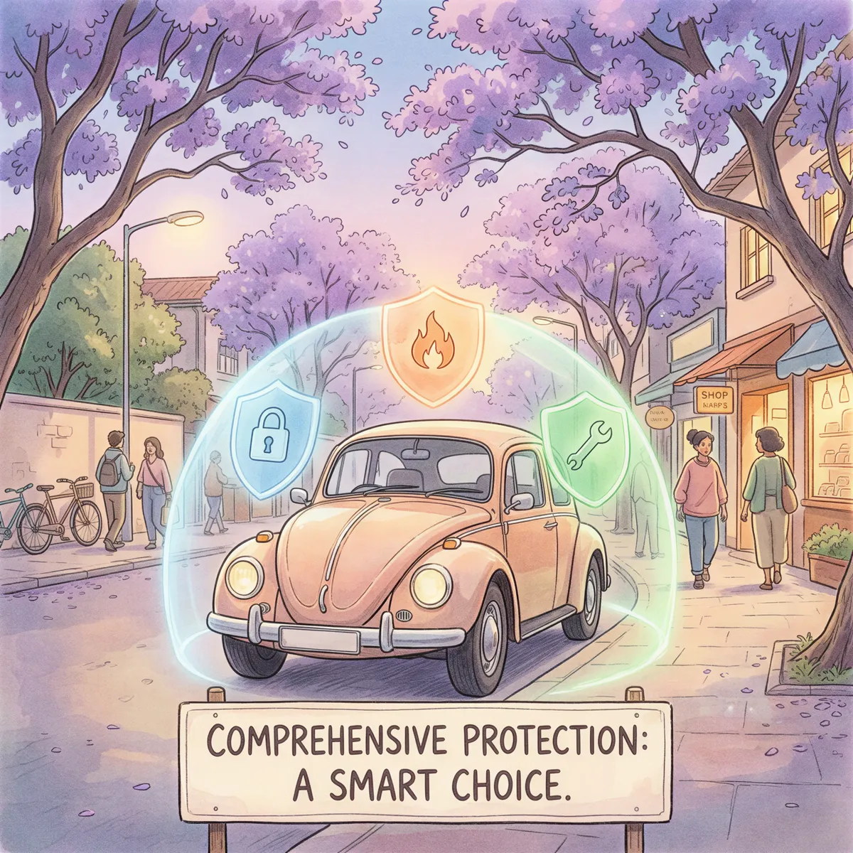 Comprehensive motor insurance cover shown as a golden, protective scene with a car surrounded by shields for theft, fire, and repair.