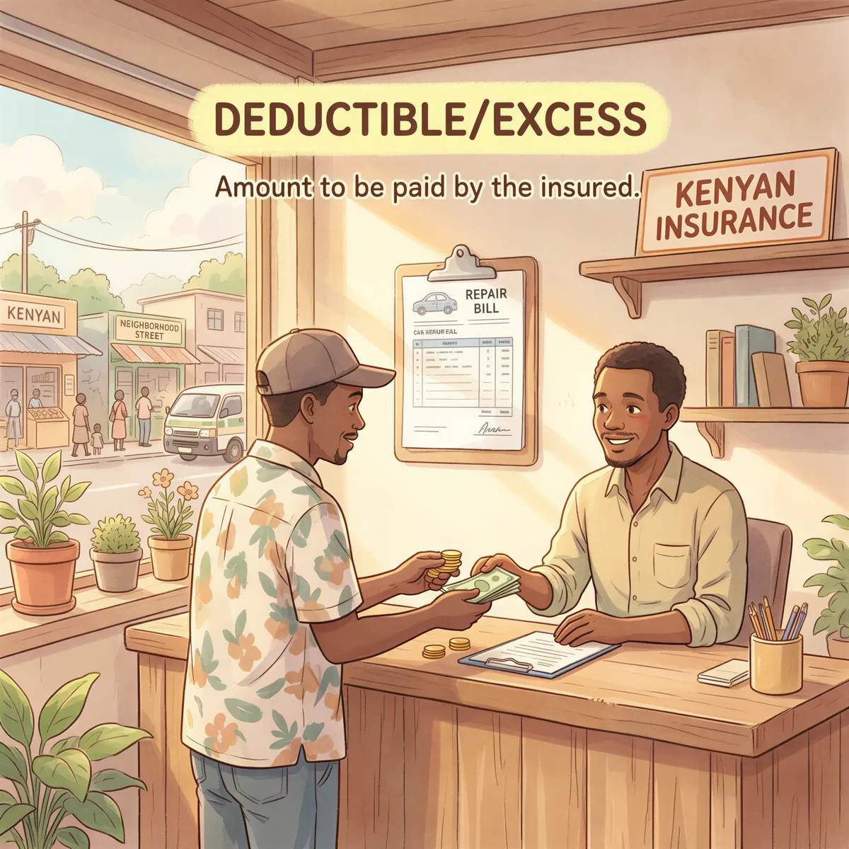 Understanding the deductible/excess with a relatable scene of paying a deductible after a car repair.