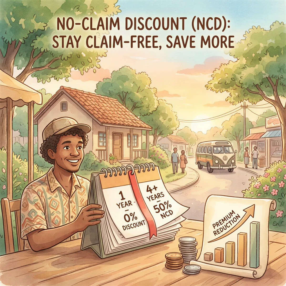 No-Claim Discount concept shown as a hopeful progression: calendar pages, coins, and a smiling driver.