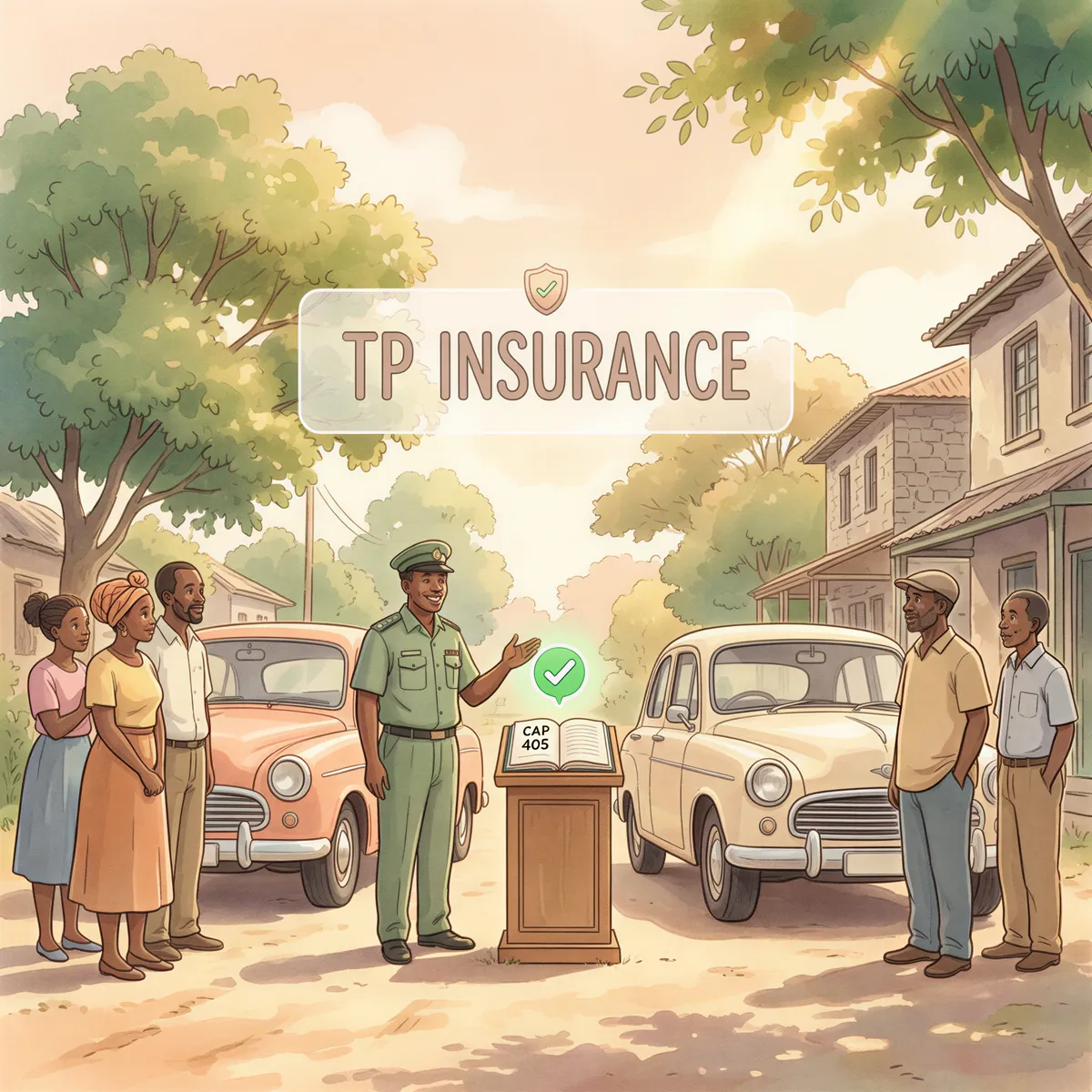 Kenya's mandatory third-party motor insurance explained with a soft Studio Ghibli scene: calm street, law book labeled Cap 405, and friendly drivers.