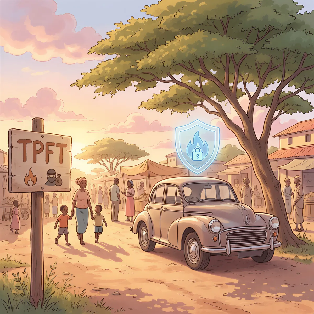 TPFT (Third Party, Fire and Theft) coverage shown as a practical middle-ground image with a car, a shield icon, and a small fire and lock symbol.