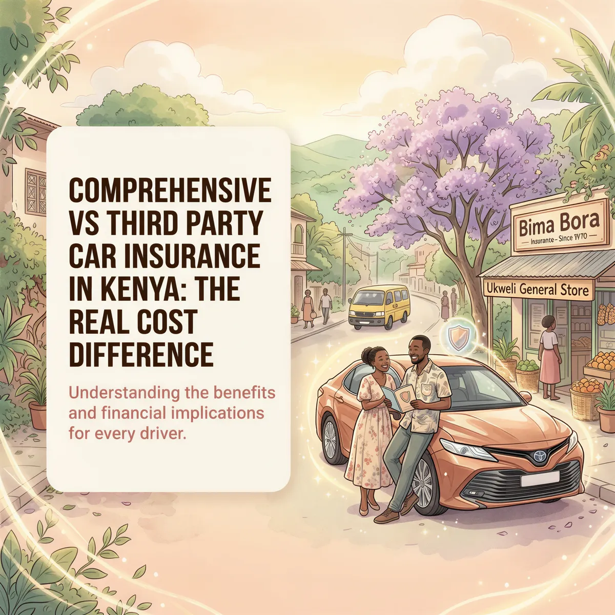 Studio Ghibli-inspired banner for Kenya car insurance article with warm pastels and a clear title