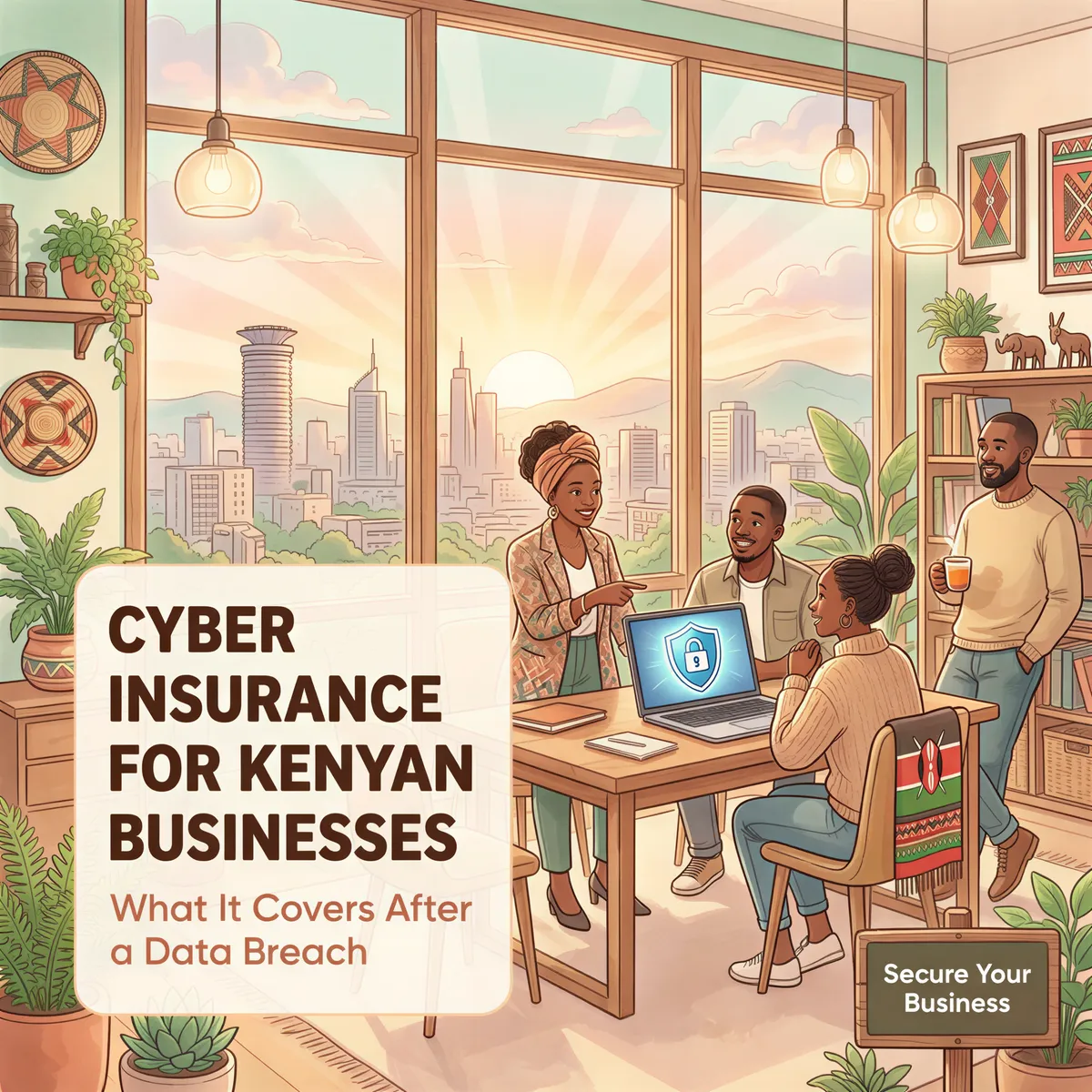 Studio Ghibli-inspired banner illustrating Kenyan cyber insurance after a data breach with Nairobi skyline
