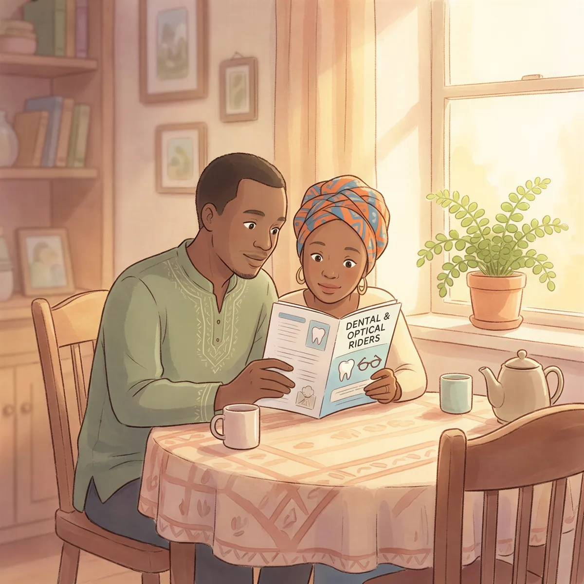 Kenyan couple reviewing dental and optical rider details at home with brochure