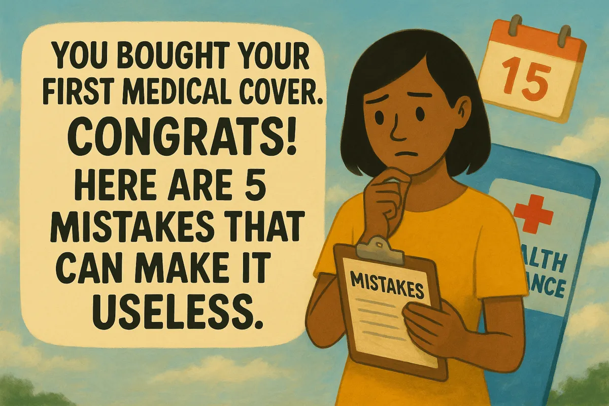 Illustration of a worried person holding a clipboard with the text about medical cover mistakes, emphasizing five common errors to avoid after purchasing health insurance.