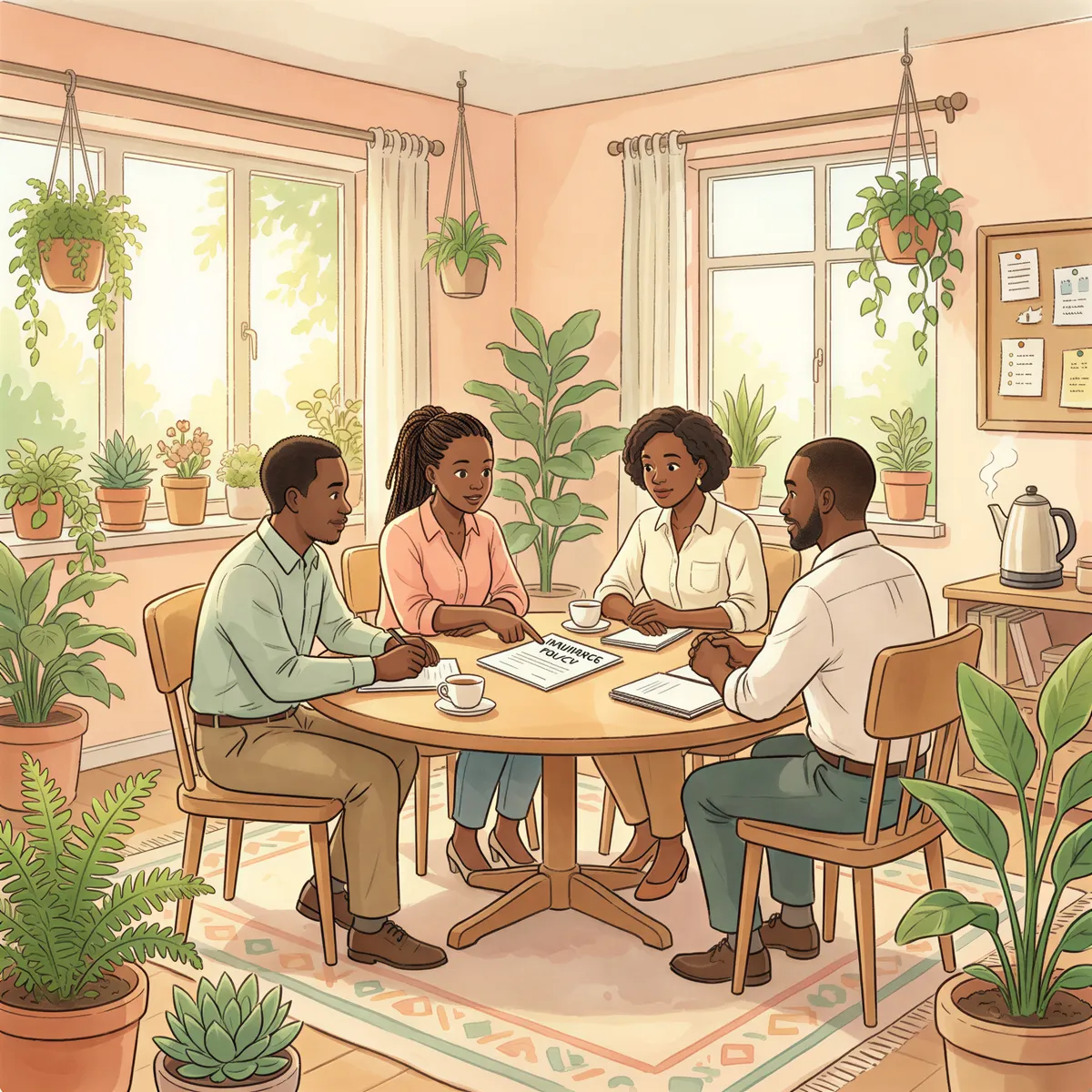 Studio Ghibli style Kenyan office scene explaining group medical insurance to a small team