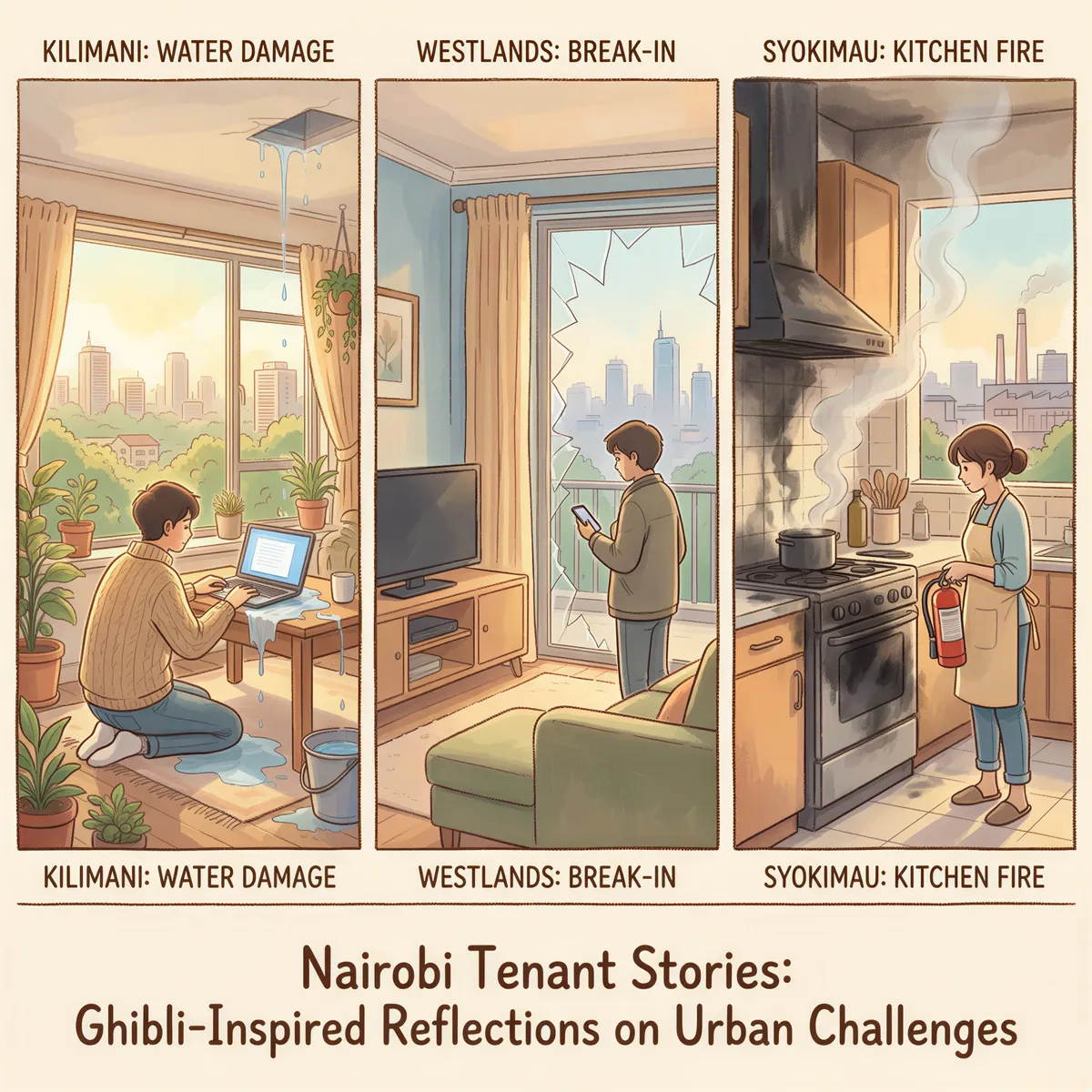 Three Nairobi tenant scenarios: water damage, break-in, and kitchen fire
