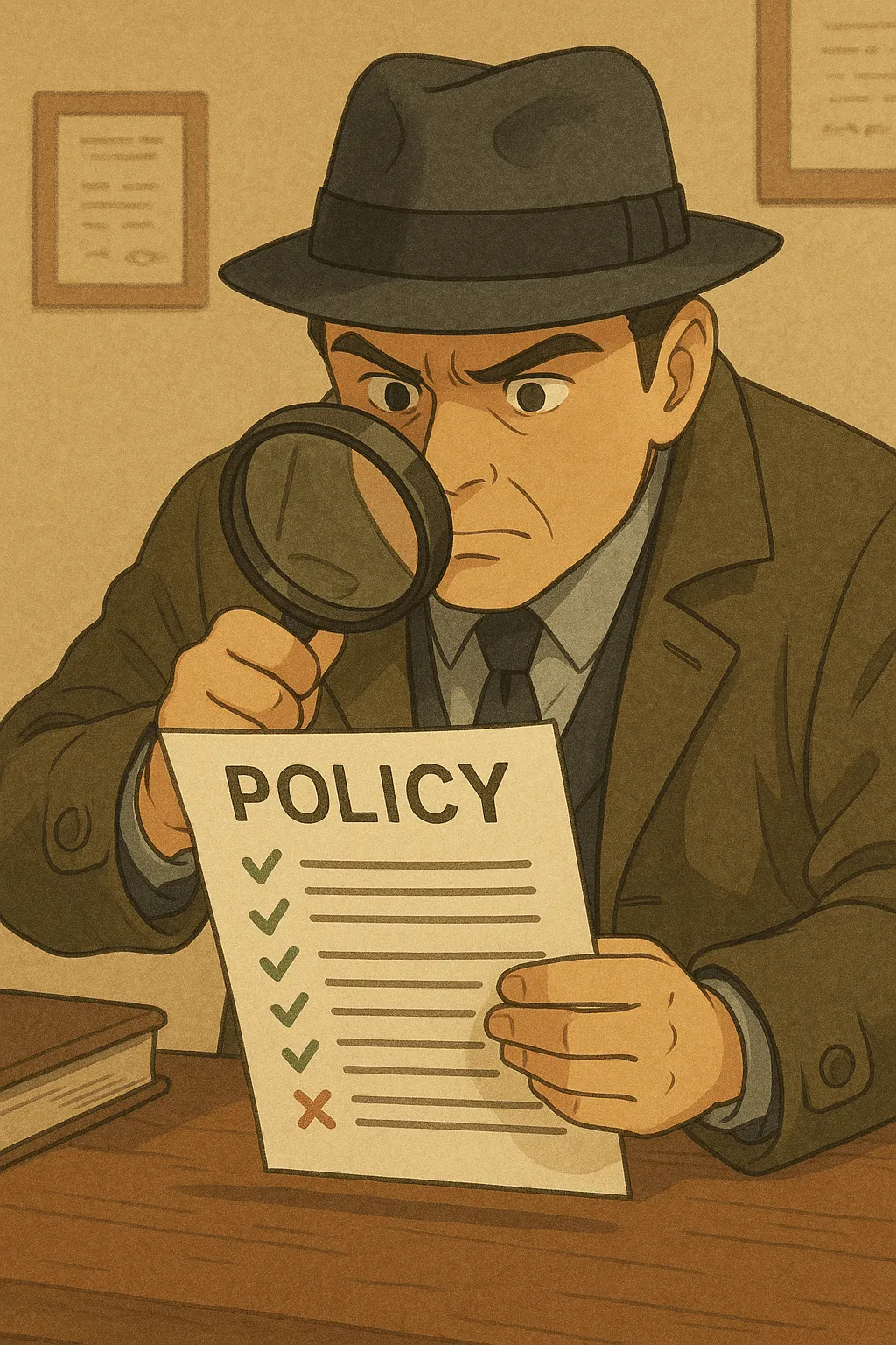 Detective analyzing a policy document with a magnifying glass, highlighting checked and unchecked items.