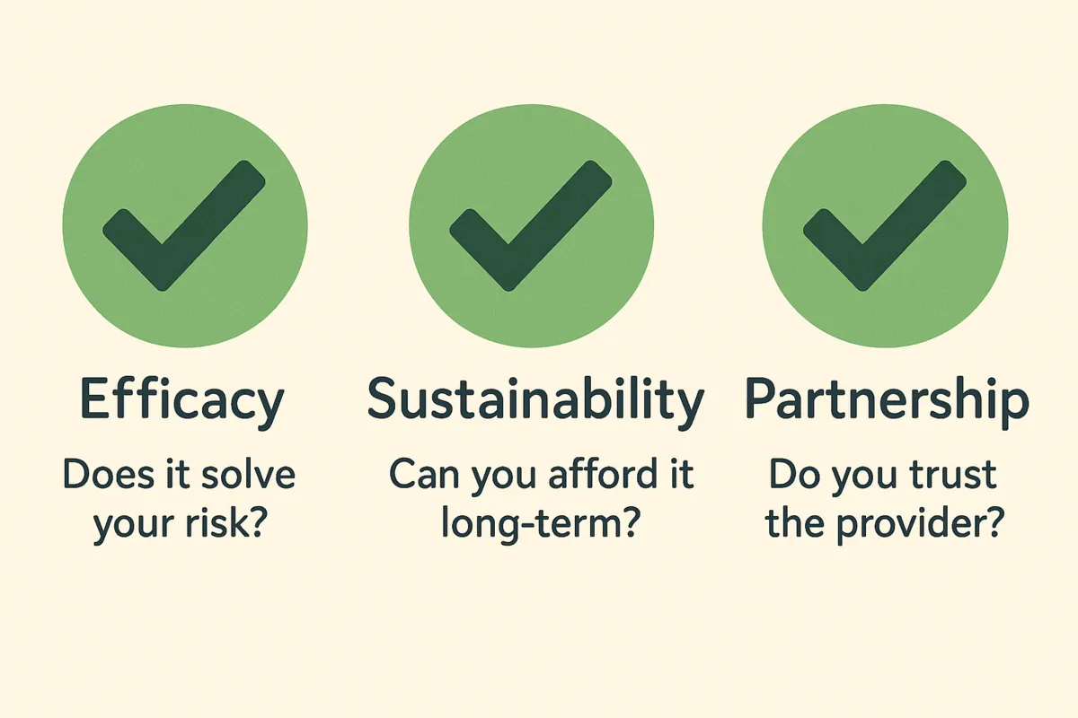 Infographic showing three key considerations: Efficacy, Sustainability, and Partnership, with questions assessing risk, affordability, and trust.