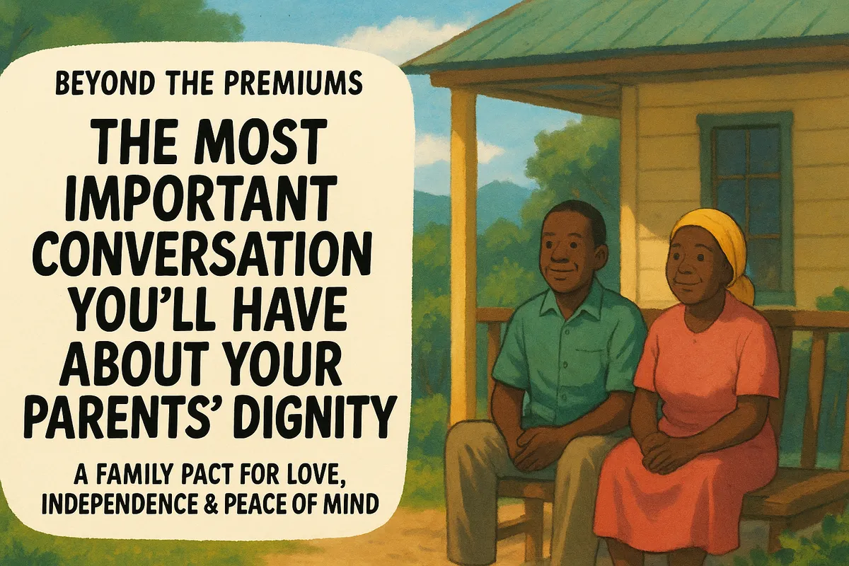 Illustration of a man and woman sitting together on a porch, discussing family dignity and the importance of conversations about care, love, independence, and peace of mind.