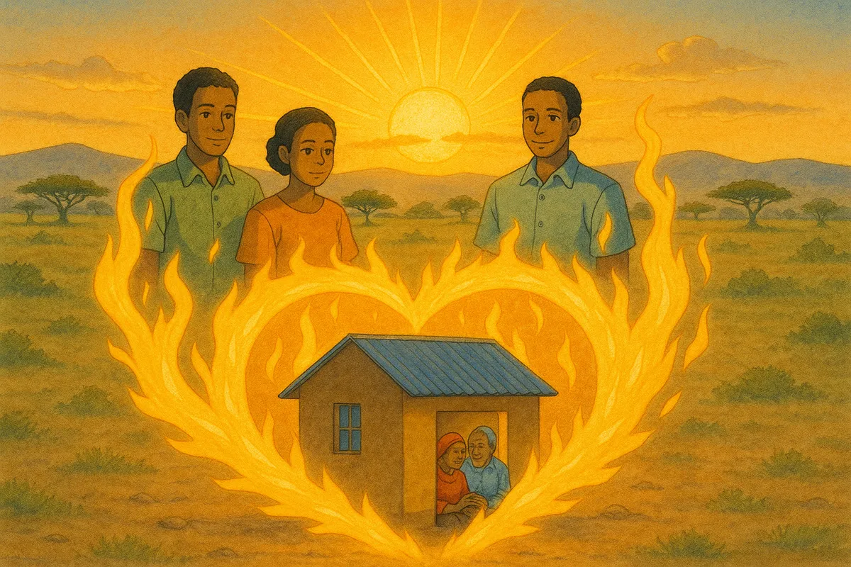 Illustration of a warm sunset background with two young adults and a couple inside a house, framed by flames in the shape of a heart, symbolizing love and family.
