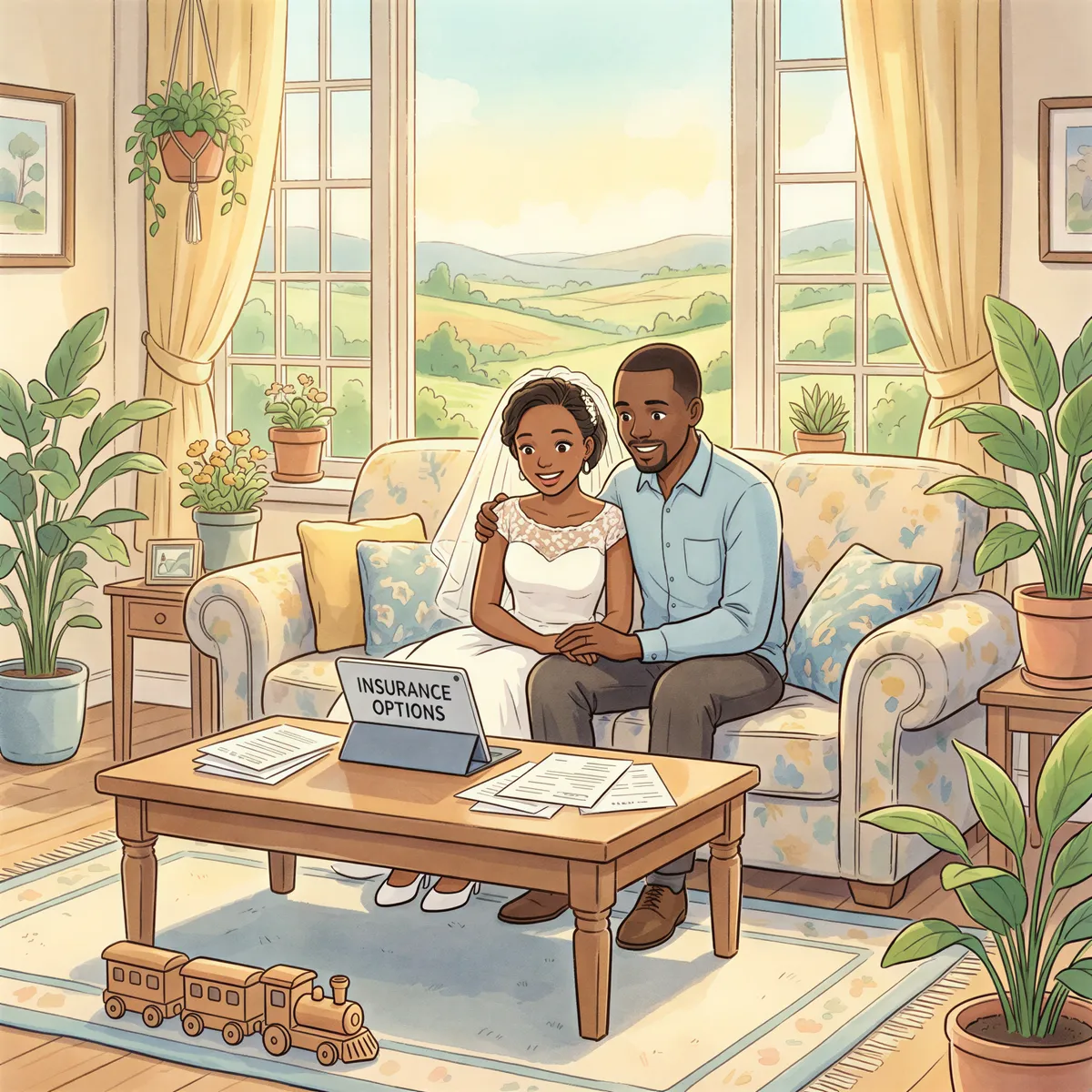 Stage 3 image: Newly married Kenyan couple planning life and family insurance at home
