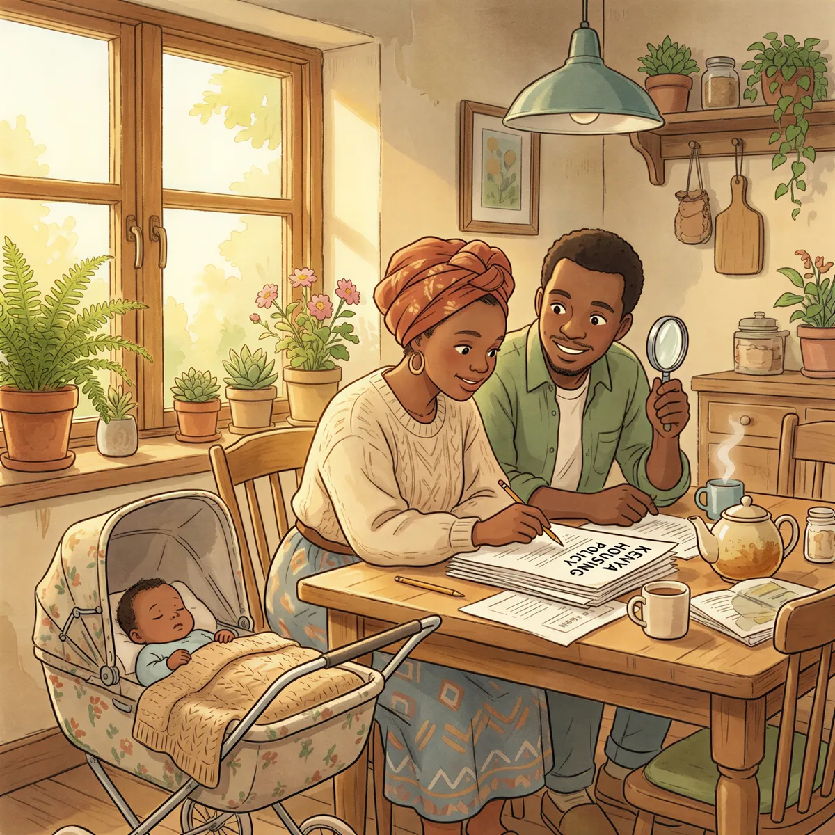 Stage 4 image: New Kenyan parents reviewing life and education insurance policies at home