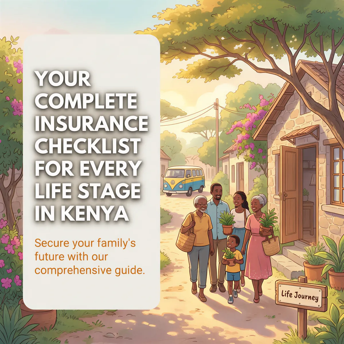 Your complete insurance checklist banner for every life stage in Kenya with Studio Ghibli vibe