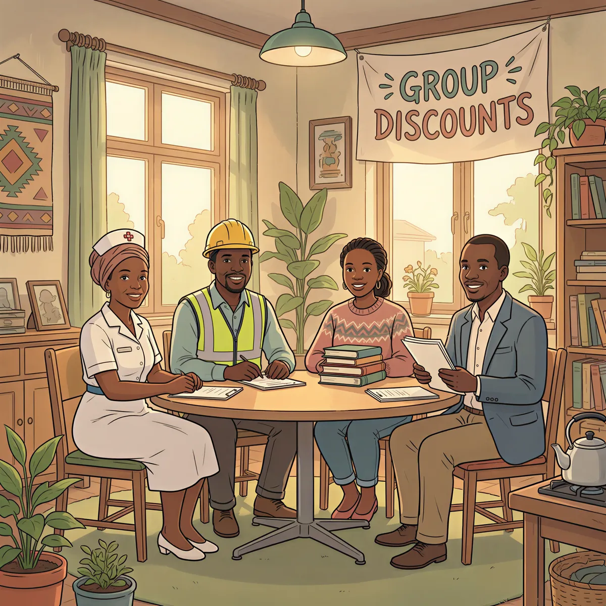 Group discounts illustration with professionals from different fields