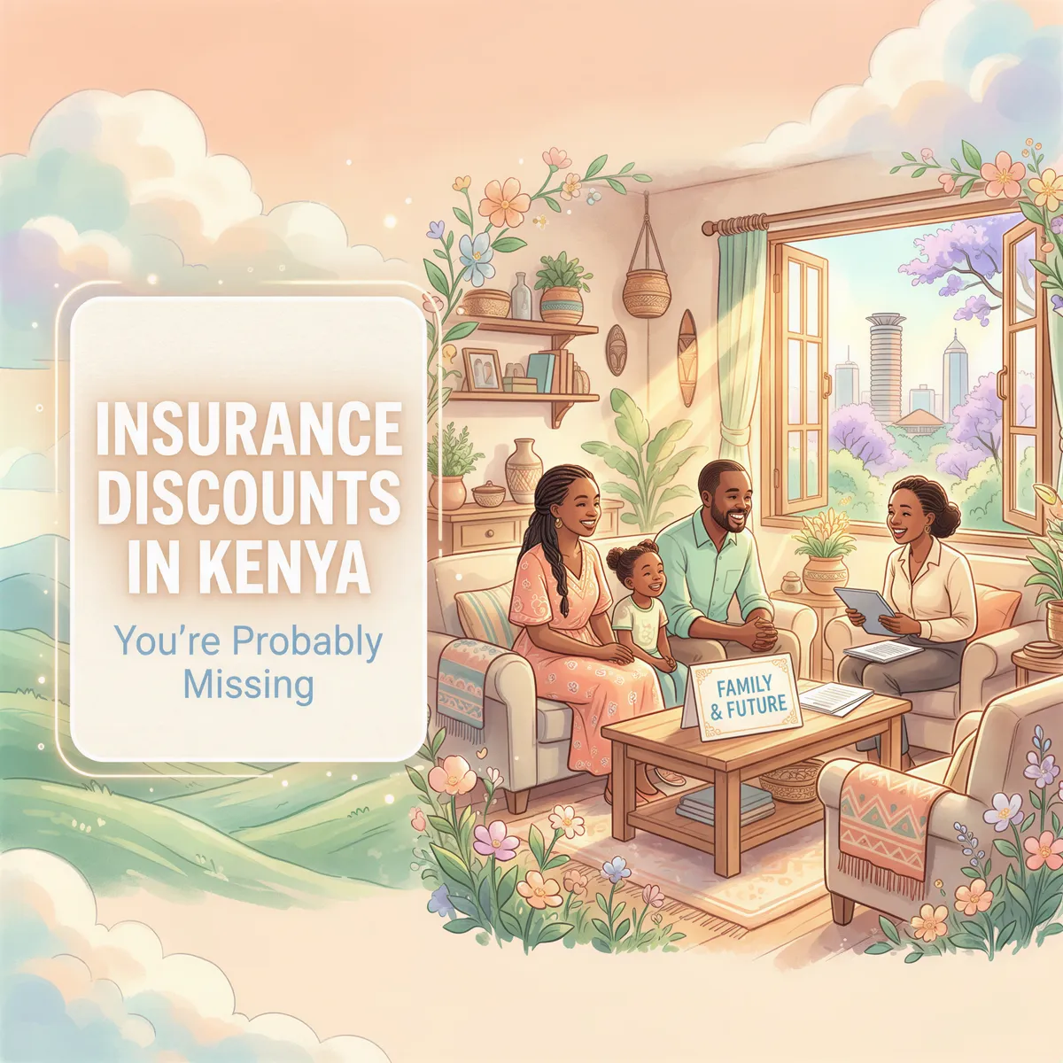 Studio Ghibli-inspired banner about Kenya insurance discounts with a friendly family and broker