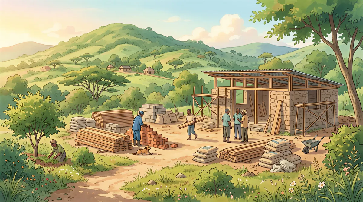 Construction site with building materials and workers in a serene Kenyan countryside setting