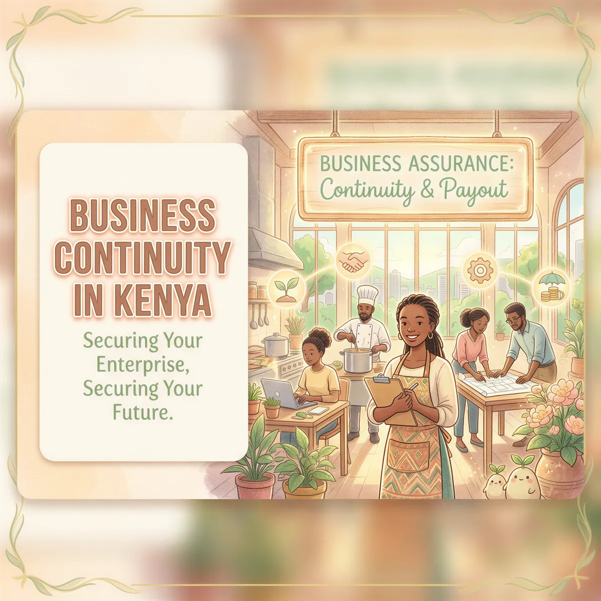 Studio Ghibli-inspired banner featuring a Kenyan business team in a warm kitchen, symbolizing resilience and continuity with key person insurance.