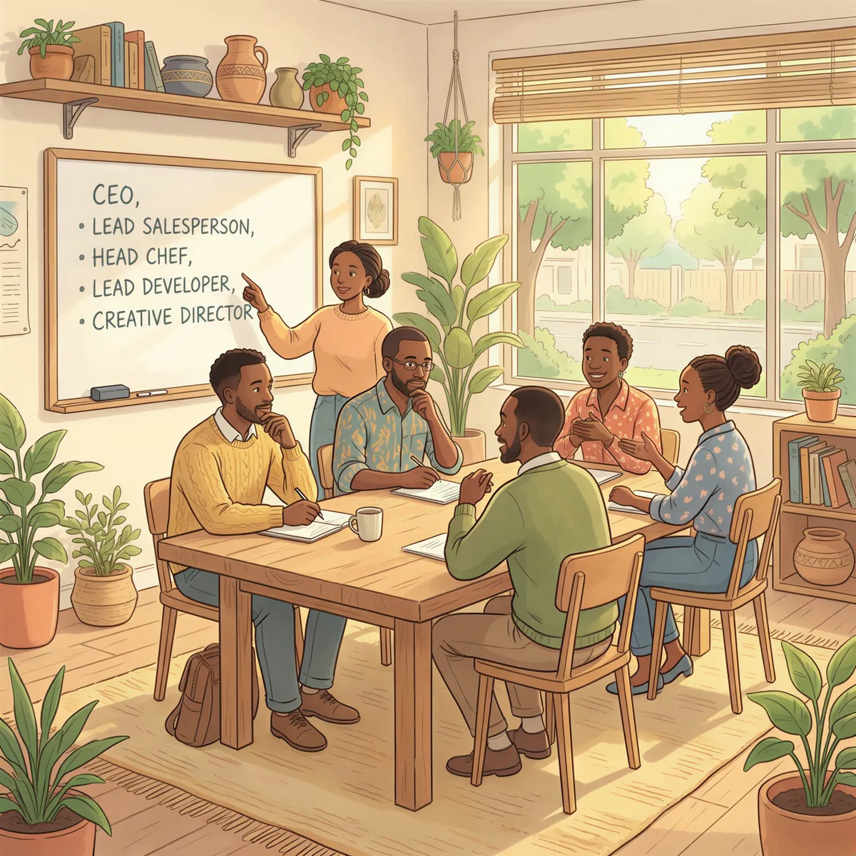Team around a table in a Kenyan startup identifying key roles (CEO, head chef, lead developer, etc.).