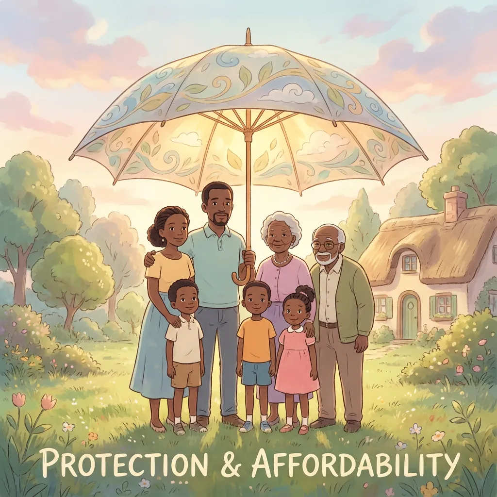 A visual metaphor of diverse Kenyan family members sheltered together under a single, sturdy, gently glowing umbrella in soft light.