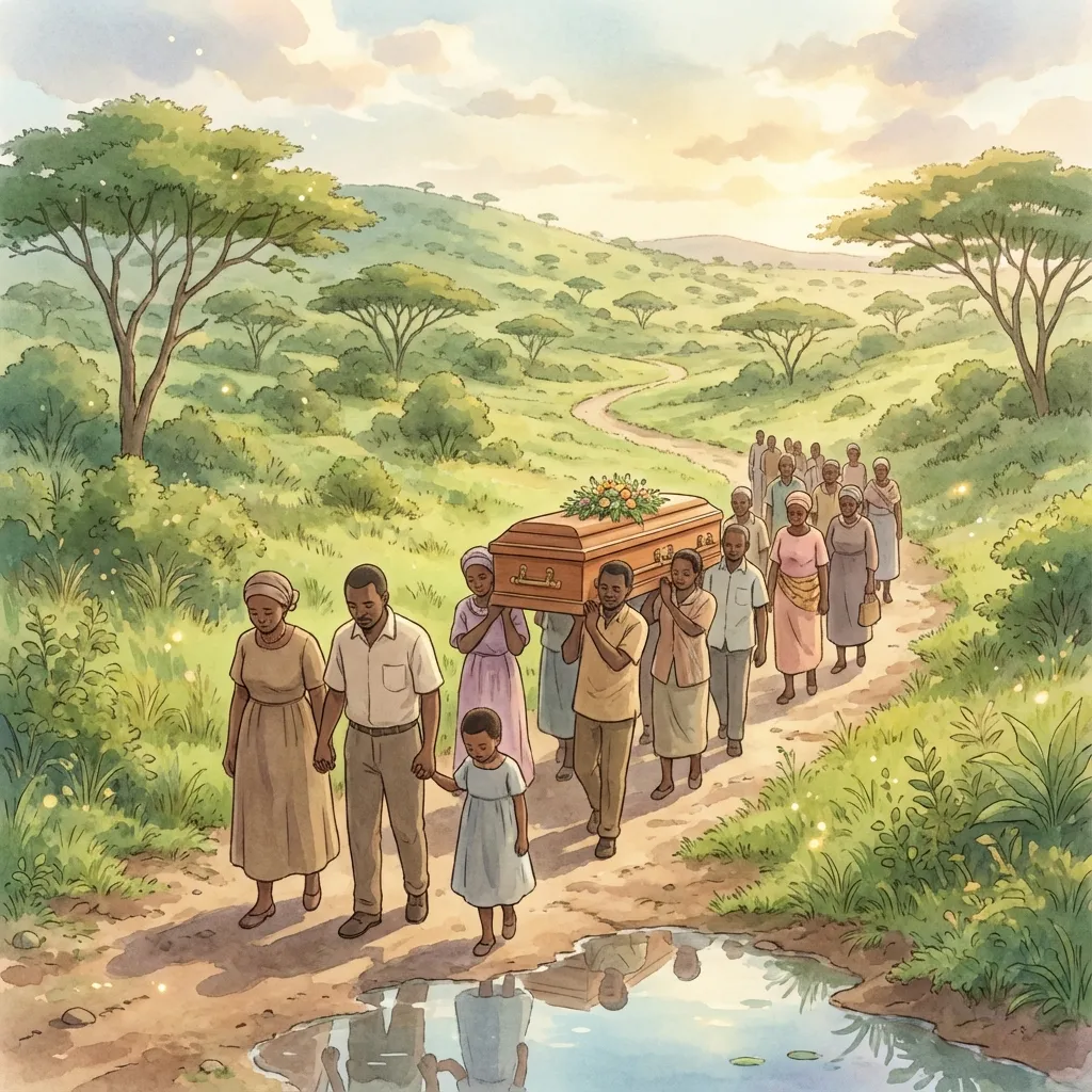 A serene Ghibli image of a Kenyan funeral procession moving quietly and respectfully, with family members showing calm acceptance rather than panic.