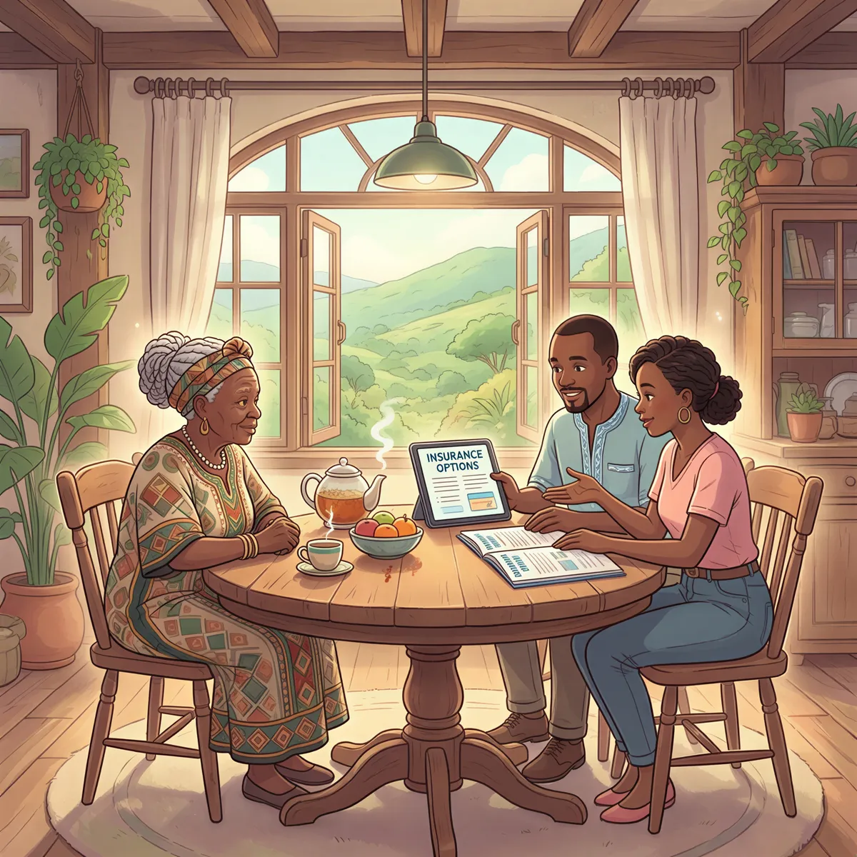 Older Kenyan parent discussing insurance options with children at home