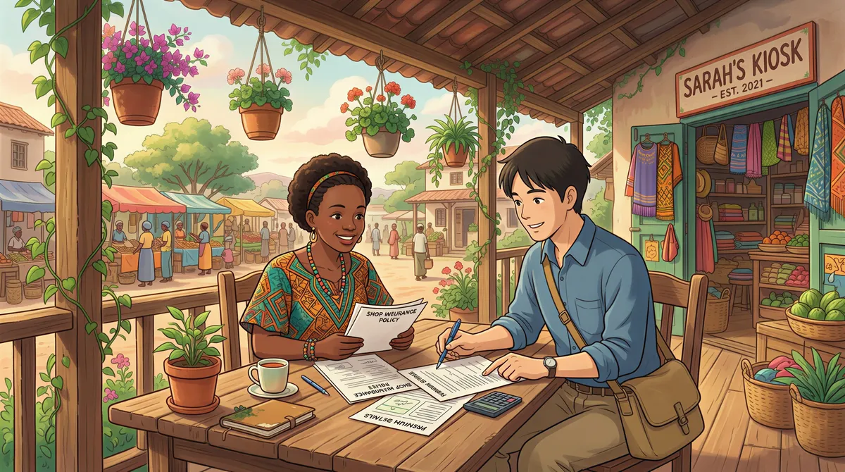Insurance broker explaining policy renewal terms to a Kenyan business owner early