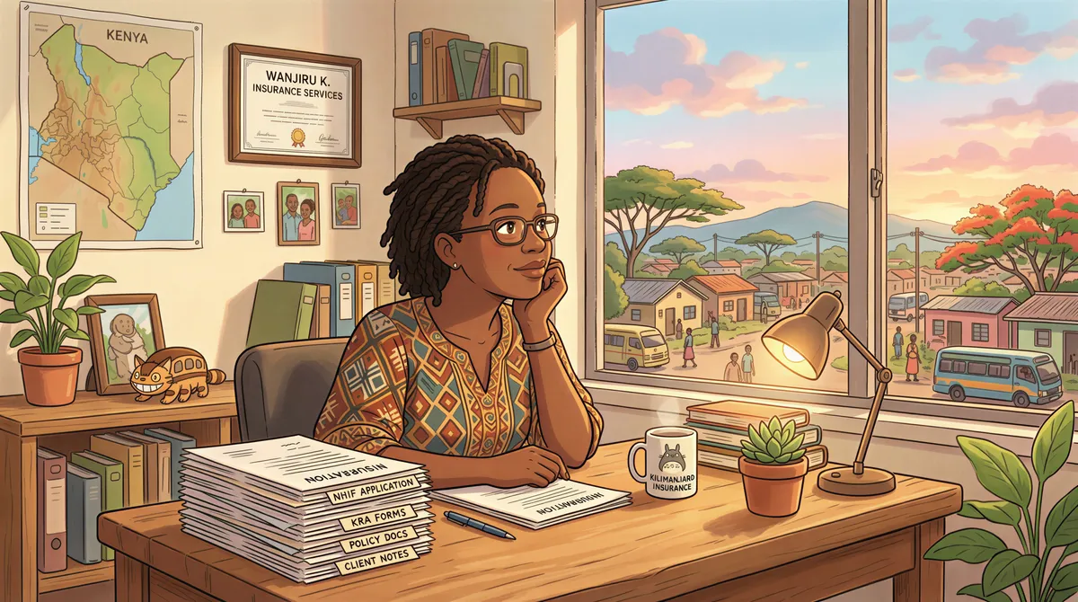Business owner reviewing insurance policy documents in a cozy Kenyan office