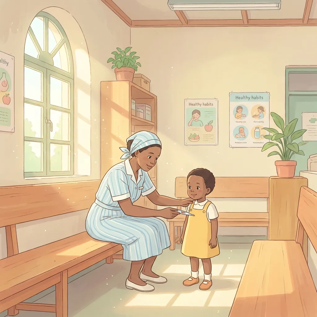 Studio Ghibli style scene of a friendly Kenyan nurse taking a child's temperature in a clean, brightly lit Level 2 health center clinic, representing routine outpatient care.